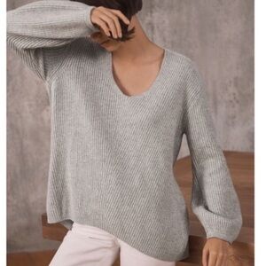 CUYANA Wool Cashmere Grey V-Neck Oversized Ribbed Sweater Size Large